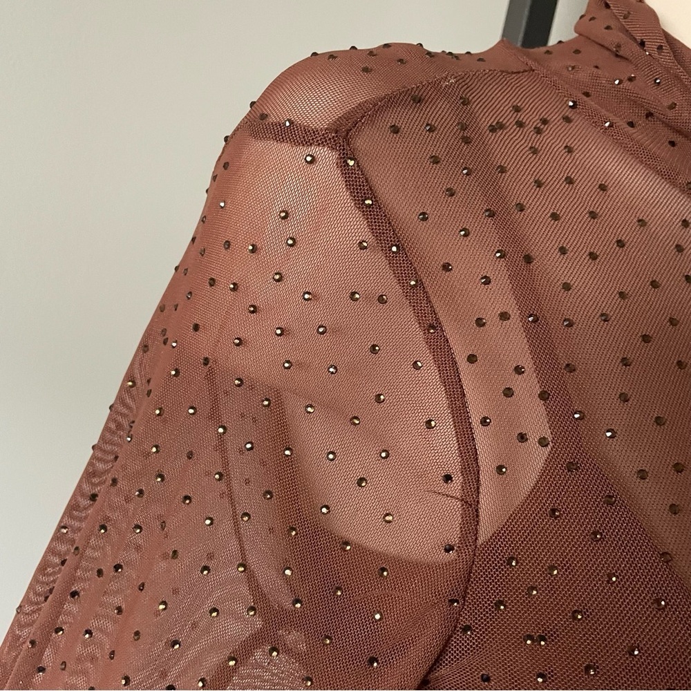AFRM Shailene Rhinestone Turtleneck Dress Midi Embellished Mesh Brown Medium - Picture 7 of 11